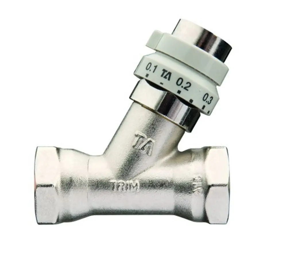 Heizkreisregulierventil aus verchromtem Metall mit Einstellring. Das Produkt stammt von IMI Hydronic Engineering und ist für effiziente Heizungsanwendungen konzipiert.